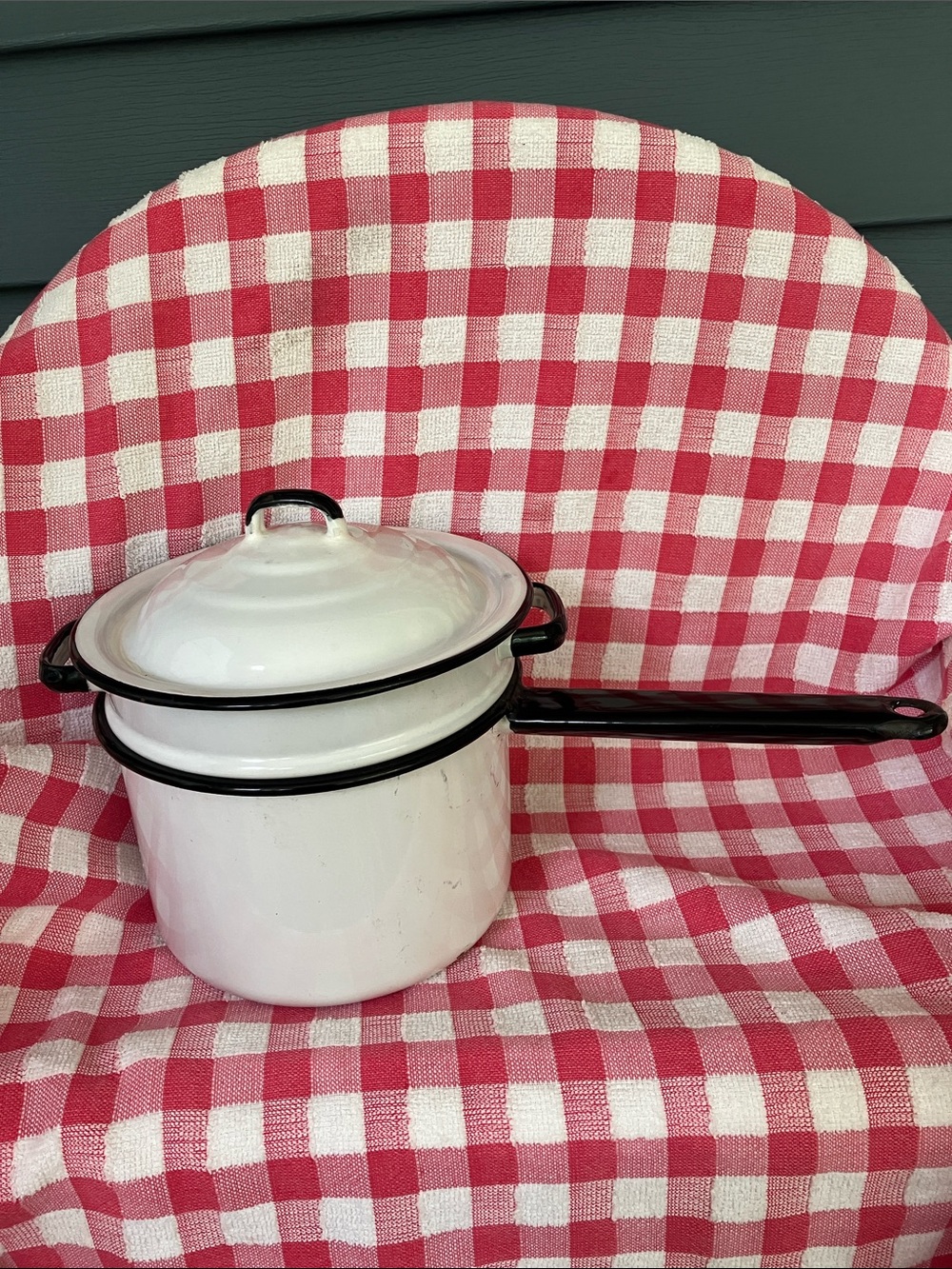 Vintage White Enamelware Double Boiler With Lid With Black Trim & Long Handle
